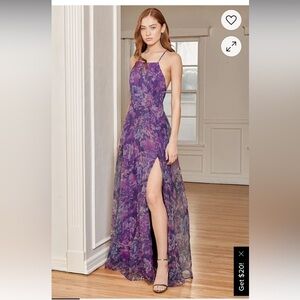 NWT Lulus Can You Imagine Purple Floral Print Organza maxi Dress Size XS fairy